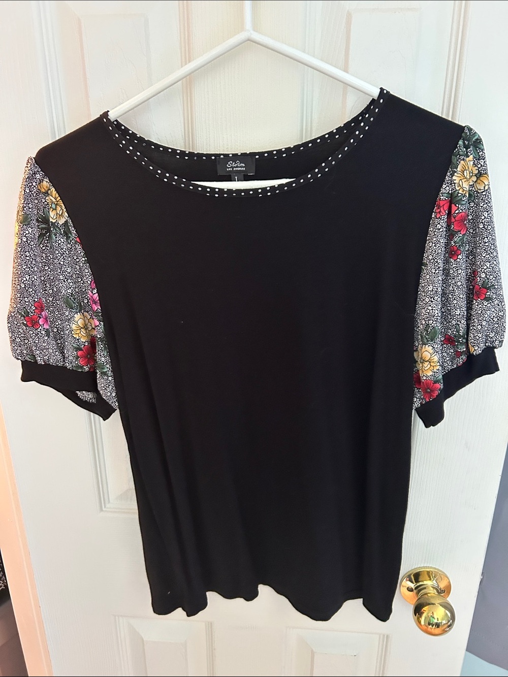 Storm Black Tee with Floral Puff Sleeves
